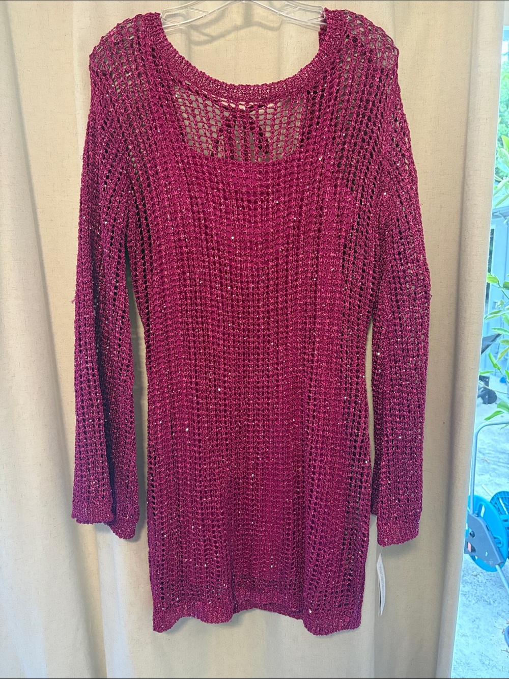 Women's Open-Knit Long Sleeve dress Raspberry